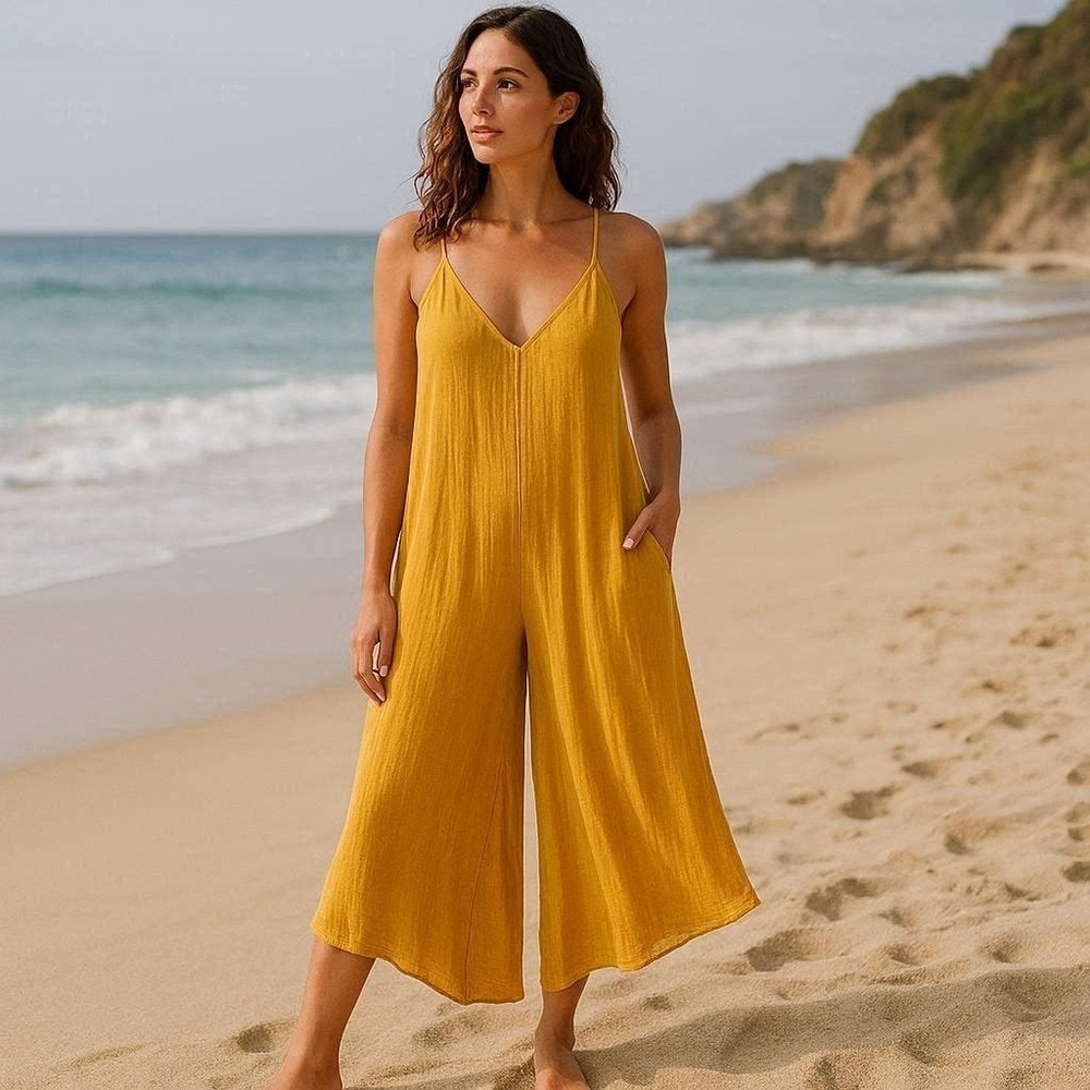 Summer Flowy Coastal Beachy Lagenlook Mustard Yellow‎ Culotte Jumpsuit Size M